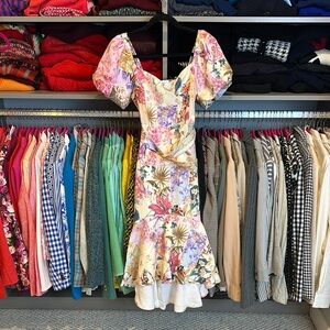 Apeach cream with pink floral pink puff short sleeve hi low dress size S